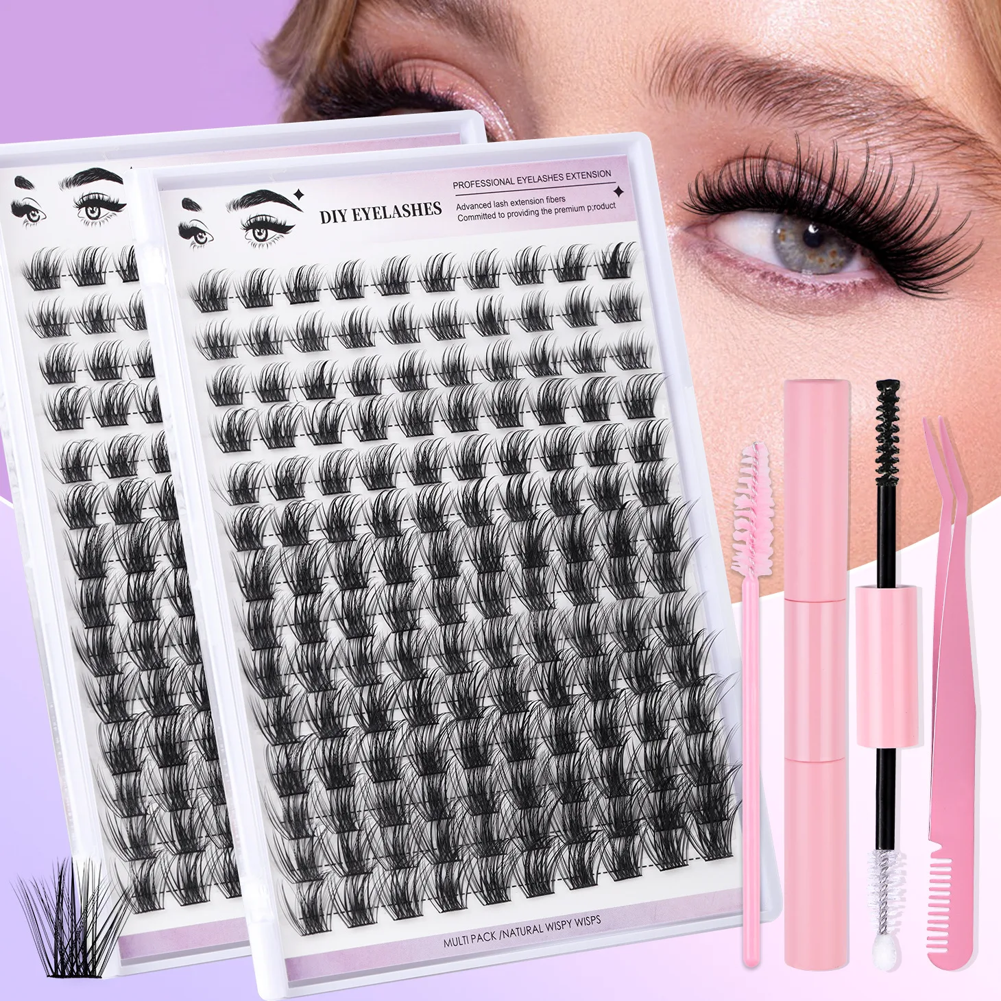 

140 Clusters Individual False Eyelashes Large Capacity D Curl Mix Fake Eye Lashes Bond and Seal Tweezers Set for Makeup Beginner