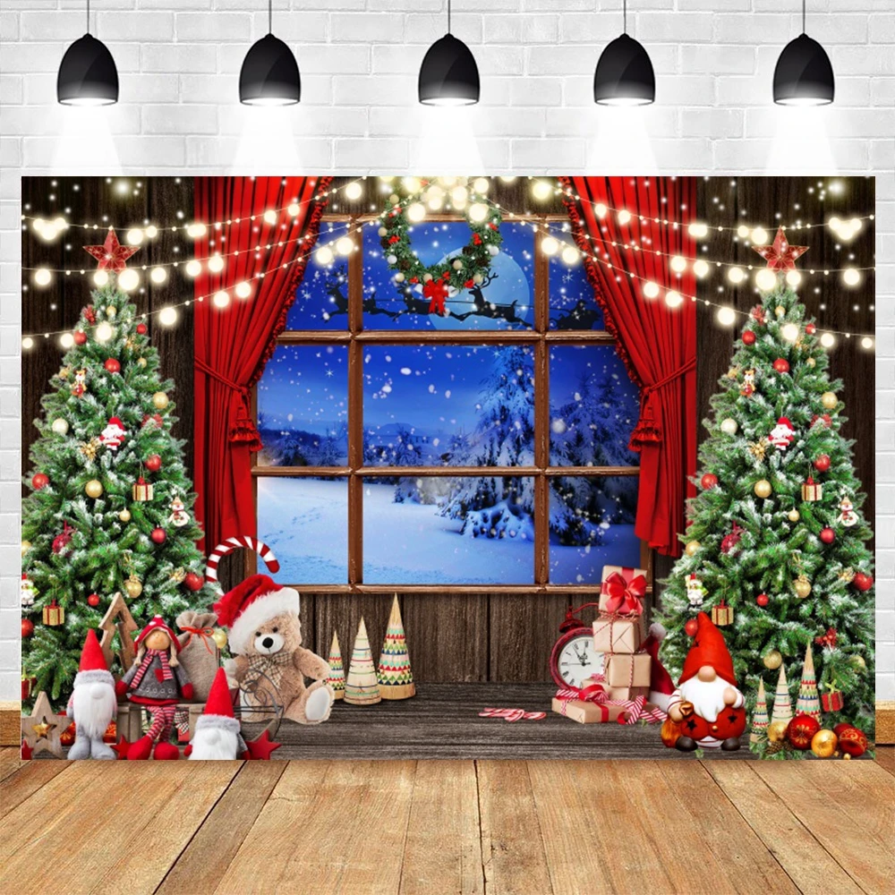 Vintage Christmas Fireplace Backdrop Xmas Tree Barn Wooden Door Photography Background Winter Family Holiday Decor Banner