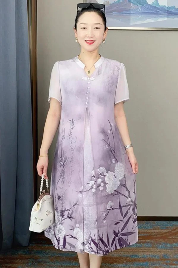 

Women's Plus Size Casual Commuting Style Printed Loose V-neck Short-sleeved Dress Vintage Chiffon Loose Dresses Versatile S658