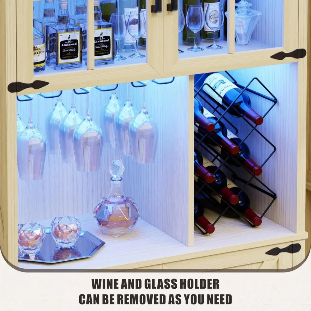 Armoire de bar de ferme avec lumière LED, 68 grands français en effet, armoires avec porte-vin et verre, armoire de bar