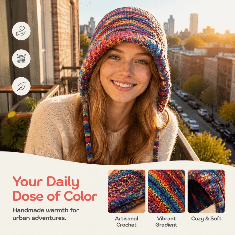 Rainbow Striped Knitting Beanie Hat Gradient Wool Thick Knit Crochet Cap Handmade Crochet Soft Fabric Winter Bucket Hat