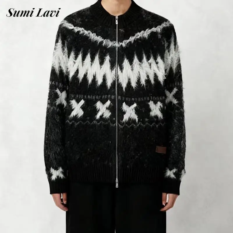 

Винтажные вязаные крючком свитер контрастного цвета, мужские весенне-осенние повседневные вязаные кардиганы на молнии с круглым вырезом, мужские стильные тонкие куртки