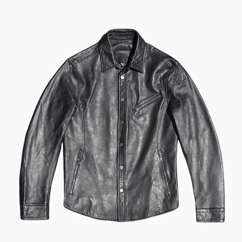 Black Spring Leather Shirt Men Japan Casual Style Plus Size 4XL Genuine Natural Sheepskin Single Breasted Leather Jacket