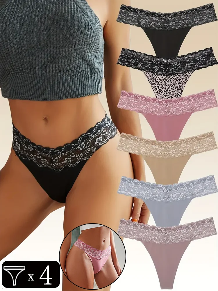 4PCS FINETOO Sexy Lace Low Waist Thongs G-string Underpants S-XL Women Floral T-back Underwear Ladies Thongs Girls Lingerie