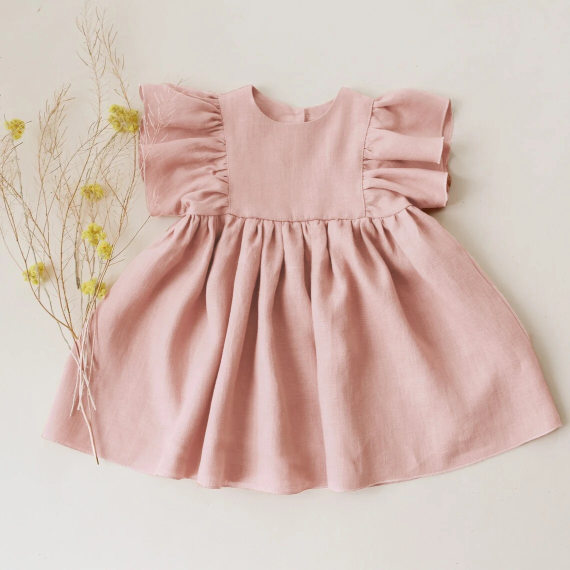 Baby Girl Dress 0-6Y Solid Linen Ruffle Sleeve Kids Dresses For Summer Princess Party Dress For Girls Toddler Baby Girls Clothes