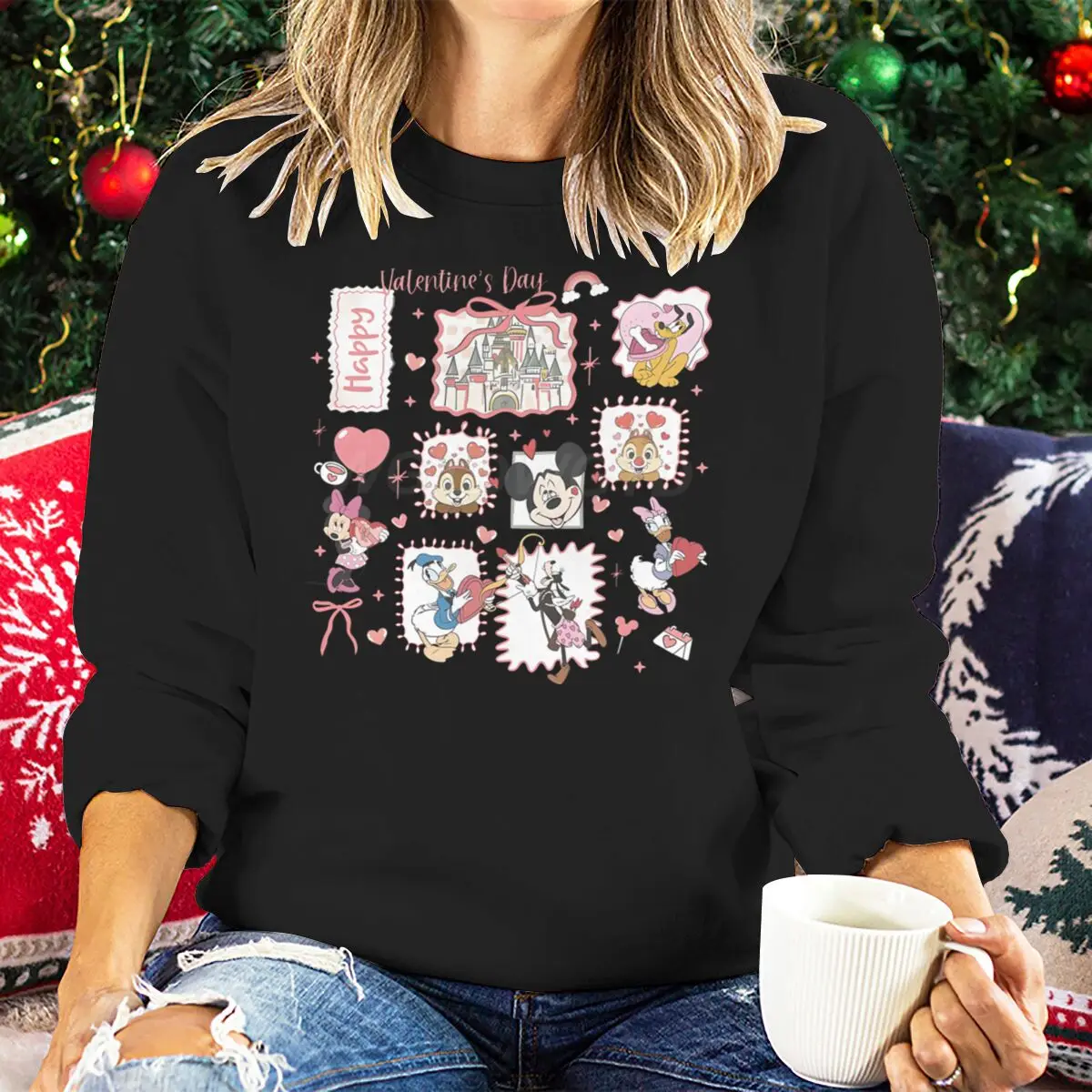 เสื้อผ้าเด็กผู้หญิงวันวาเลนไทน์ เสื้อสเวตเตอร์ลายการ์ตูนมิกกี้ มินนี่ เมาส์ โบว์โคเก็ตต์ มิกกี้และผองเพื่อน เสื้อสเวตเตอร์ลำลองสำหรับเทศกาล