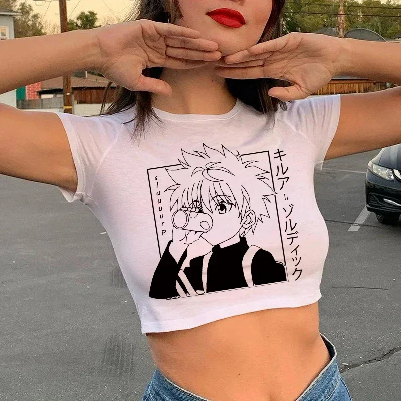 Camiseta de Manga bonita de dibujos animados de Hisoka, camiseta Kurapika, camisetas, Top corto femenino, camiseta Hunter X Hunter, ropa estética de Anime japonés