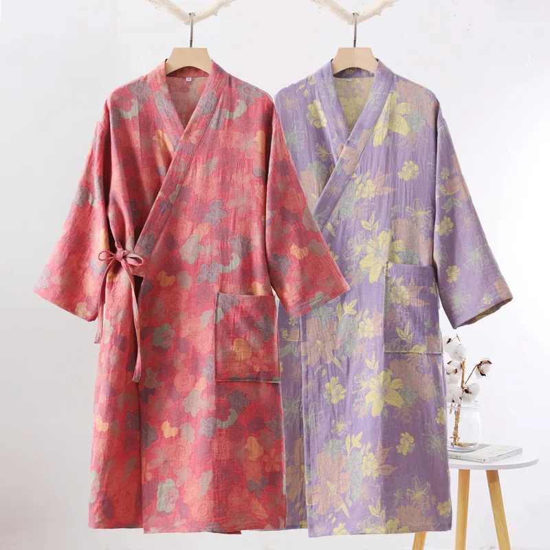 Spring Jacquard High Quality Color Woven Cotton Double Layer Gauze Sleeping Robes for Women Medium Length Yukata Bathrobe