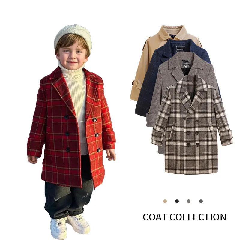 

Зимнее плотное теплое шерстяное пальто в клетку в стиле ретро для мальчиков и девочек, шерстяное пальто для школьников, детская ветрозащитная уличная куртка, От 2 до 11 лет