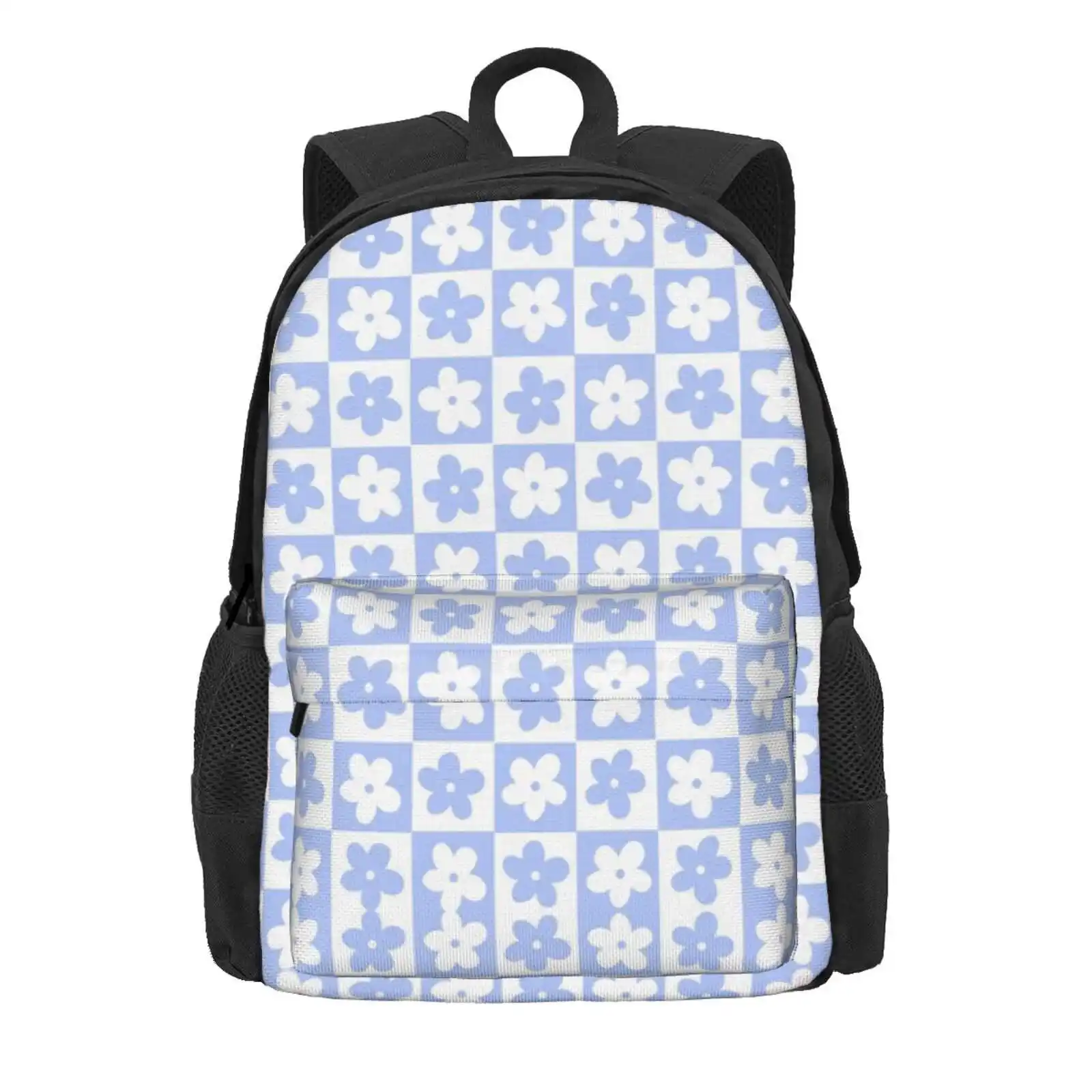 Periwinkle And White Checkered Squares With Flowers Hot Sale Schoolbag Backpack Fashion Bags Blocks Squares Chess Races Racing