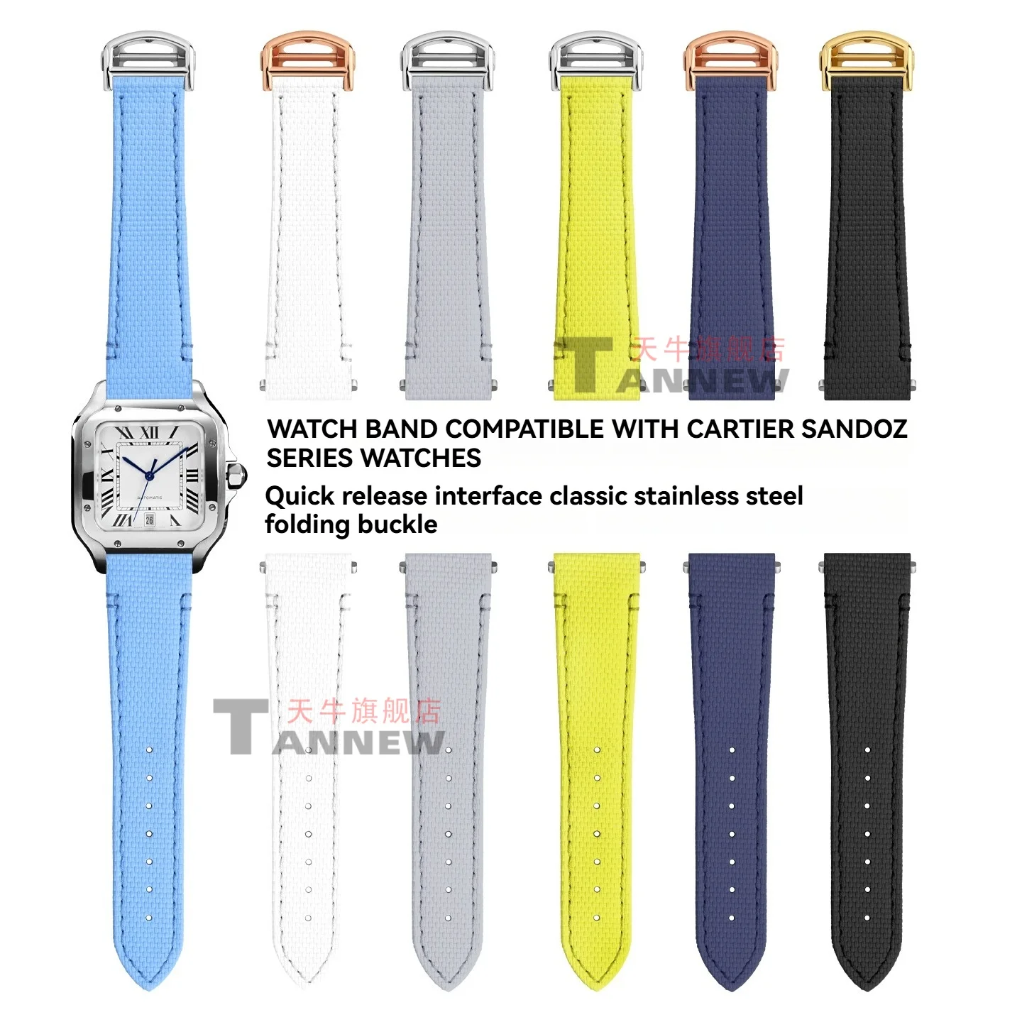 Quick Release Fluoroelastomer & Leather Strap for Cartier Santos WSSA0010 WSSA0009,21mm Hybrid Replacement Watch Band