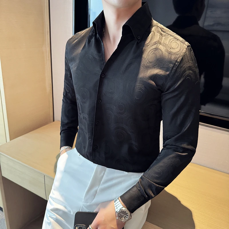 Black White Luxury Dark Jacquard Shirts Fashion V Neck Long Sleeved Slim Fit Casual Business Social Formal Shirt Club Outfits