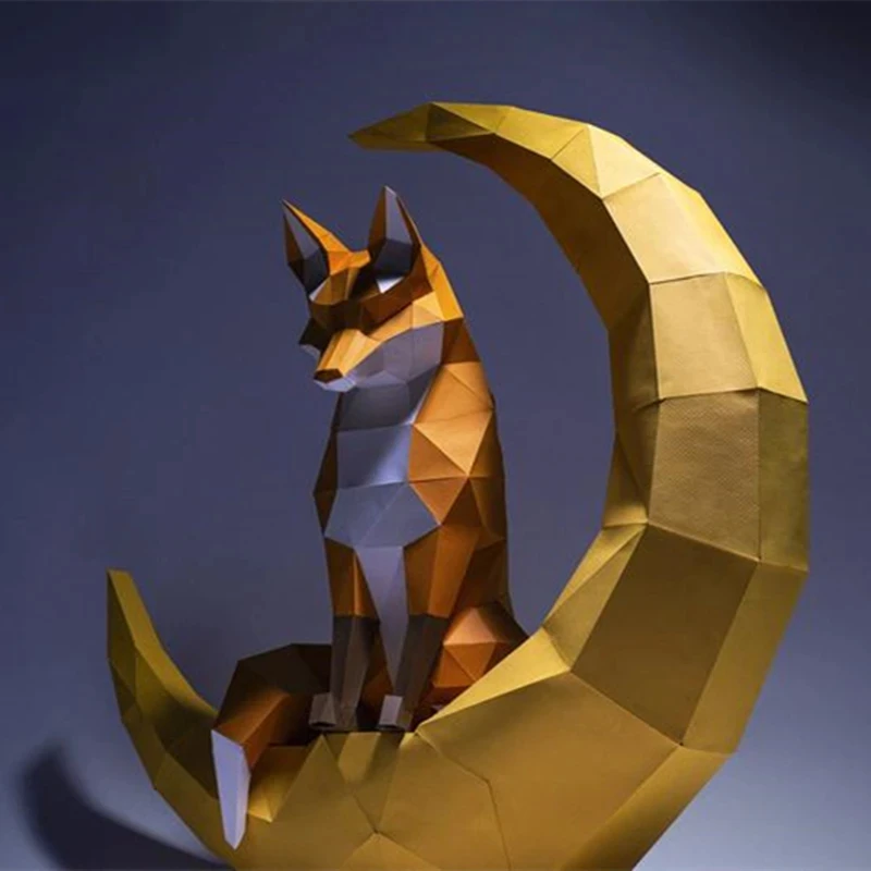 60cm Moon Fox Paper Model Origami DIY Low Poly Paper Craft Animal Home Decor Children\'s Room Decoration Adults Handmade Toy Gift