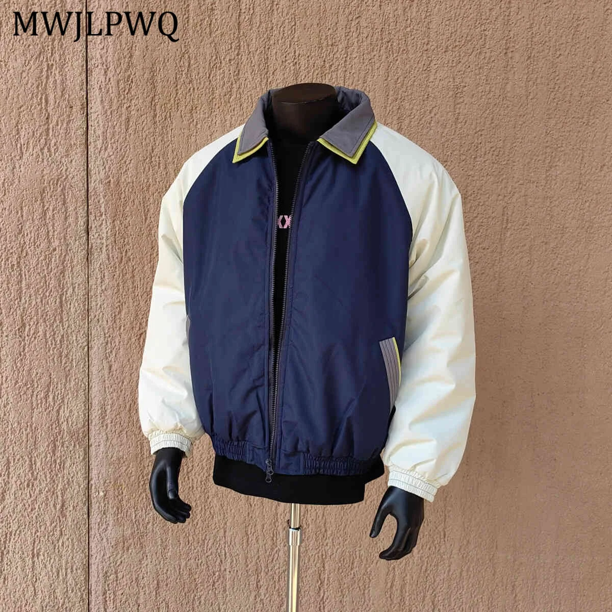 

MWJLPWQ Trendy Design Double Collar Color Block Short Cotton Jacket Men 2025 Winter Fashion Streetwear Lapel New Warm Coat 11175