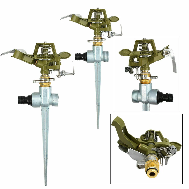Water Sprinkler Garden Lawn Impulse Metal Spray Nozzle With Spike Needle Insertion Grass Hose Connector 360 Degree Irrigation