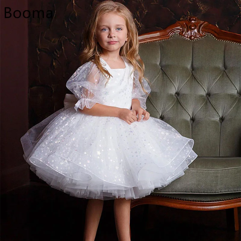 Booma Flowers Girl Dresses Tulle Short Sleeve Bow Wedding Party Dress for Kids Girls Prom Gowns Customized