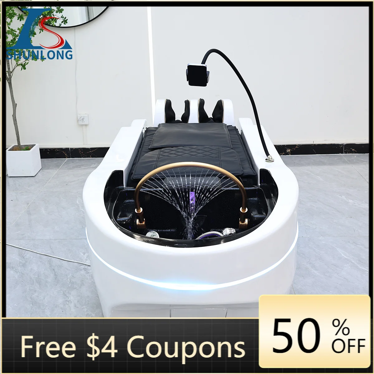 Multi-functional Thai Head Therapy Shampoo Bed, Reclining Hair Washing Chair with LED Strip Light for Hair Salon Scalp Care Spa