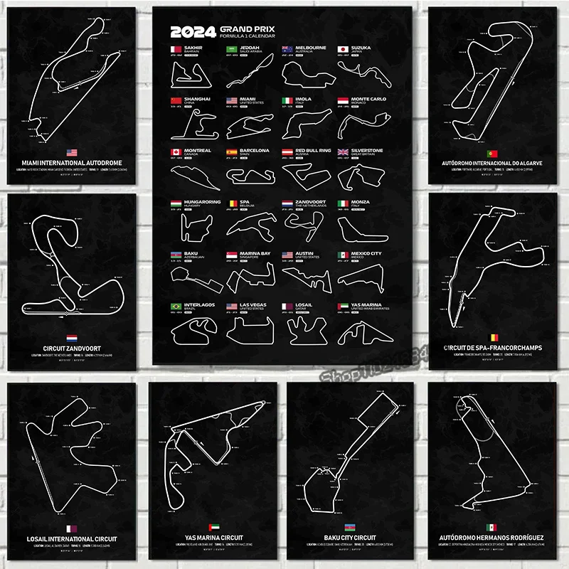 تقويم الموسم العتيق 2024 F1 ملصق المغرب دوائر السباق الملمس يطبع قماش اللوحة الرياضة جدار الفن ديكور غرفة المنزل الحديث