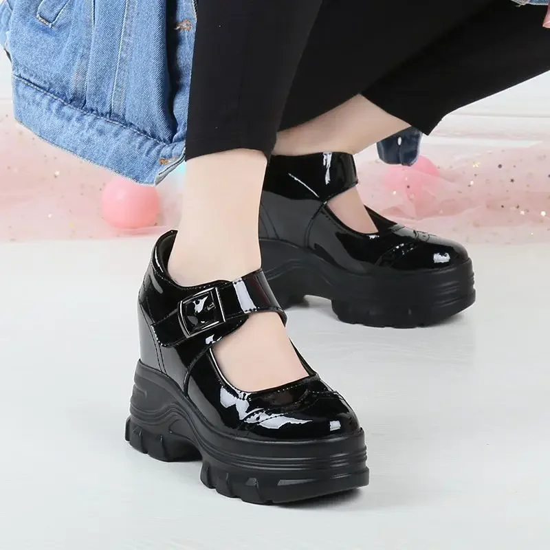 Krasovki  10CM Patent Genuine Leather Wedge Women Platform Sandals Fashion Mary Jane Pumps High Brand Summer Ankle Boots  Shoes