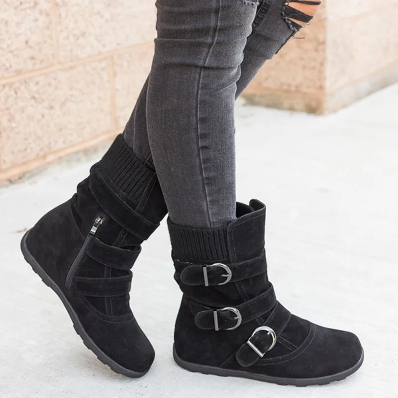 Autumn Winter New European American Simple Fashion Large Women's Cotton Boots Belt Buckle Side Zipper Comfortable Short Boots