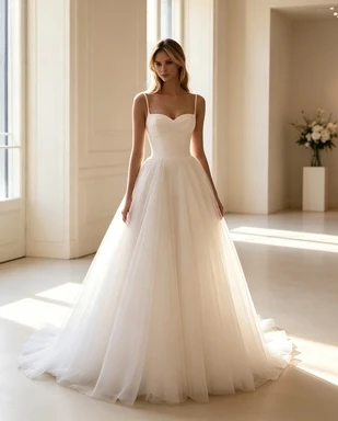 Dreamy Airy Soft Romantic Minimalist Elegant Spaghetti Strap A-Line Floor Length Sheer Neckline Tulle Bridal Evening Gown