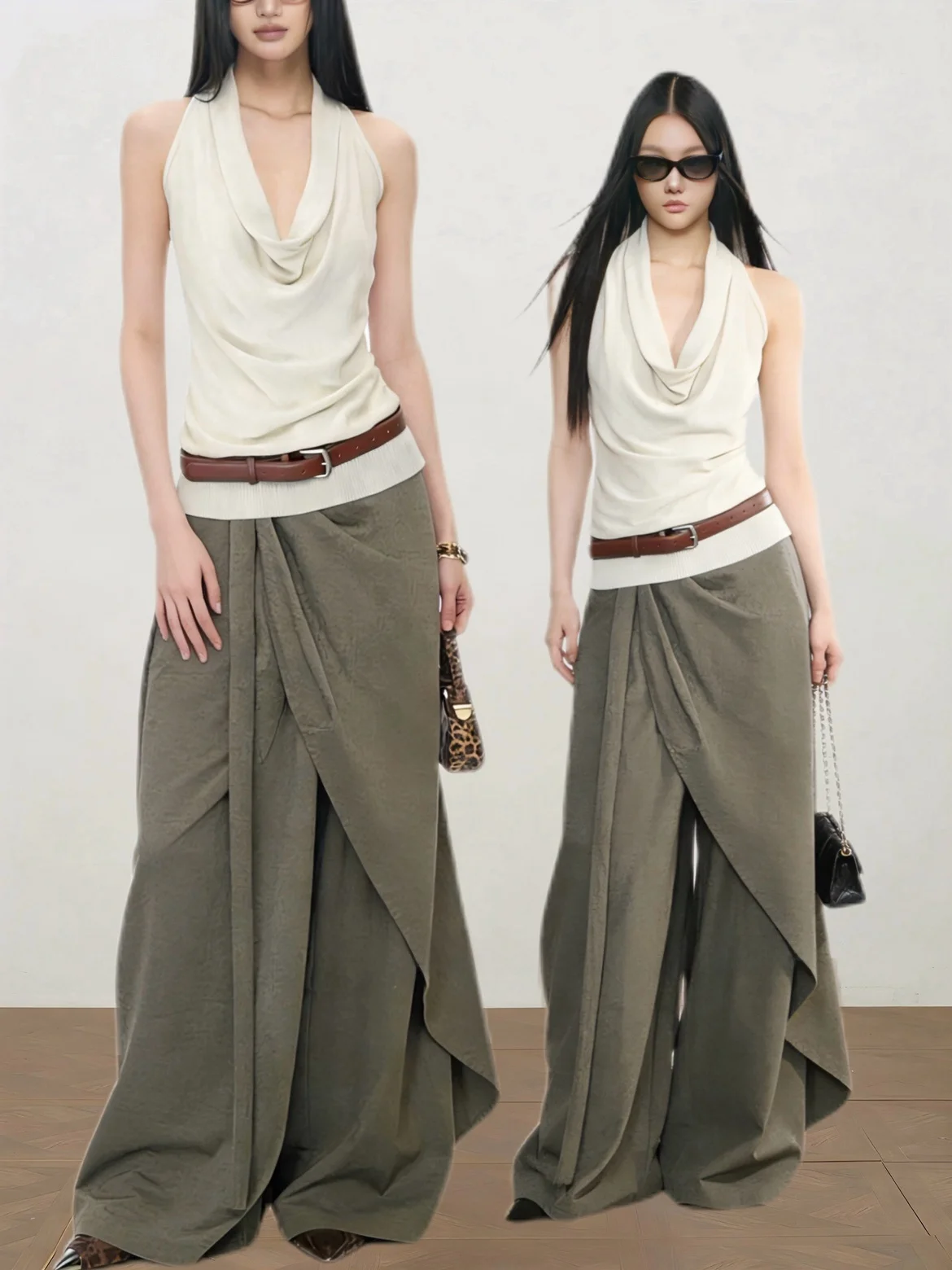 

Элегантный повседневный комплект из брюк с завышенной талией без рукавов для женщин: модный ансамбль в стиле «Золотая девушка» с асимметричной лентой