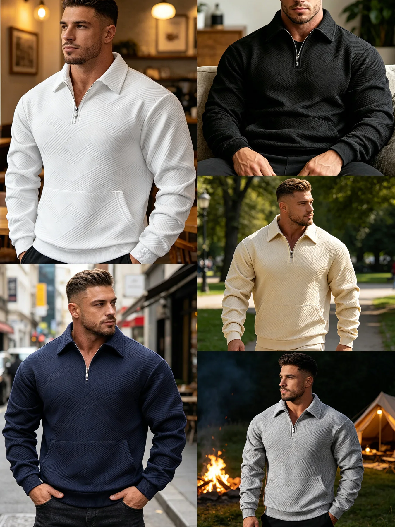 Herren Geometrischer Jacquard Viertelreißverschluss-Polo-Sweatshirt Langarm Gerippter Saum Kängurutasche Atmungsaktiver Strick-Freizeitpullover – Detail 4