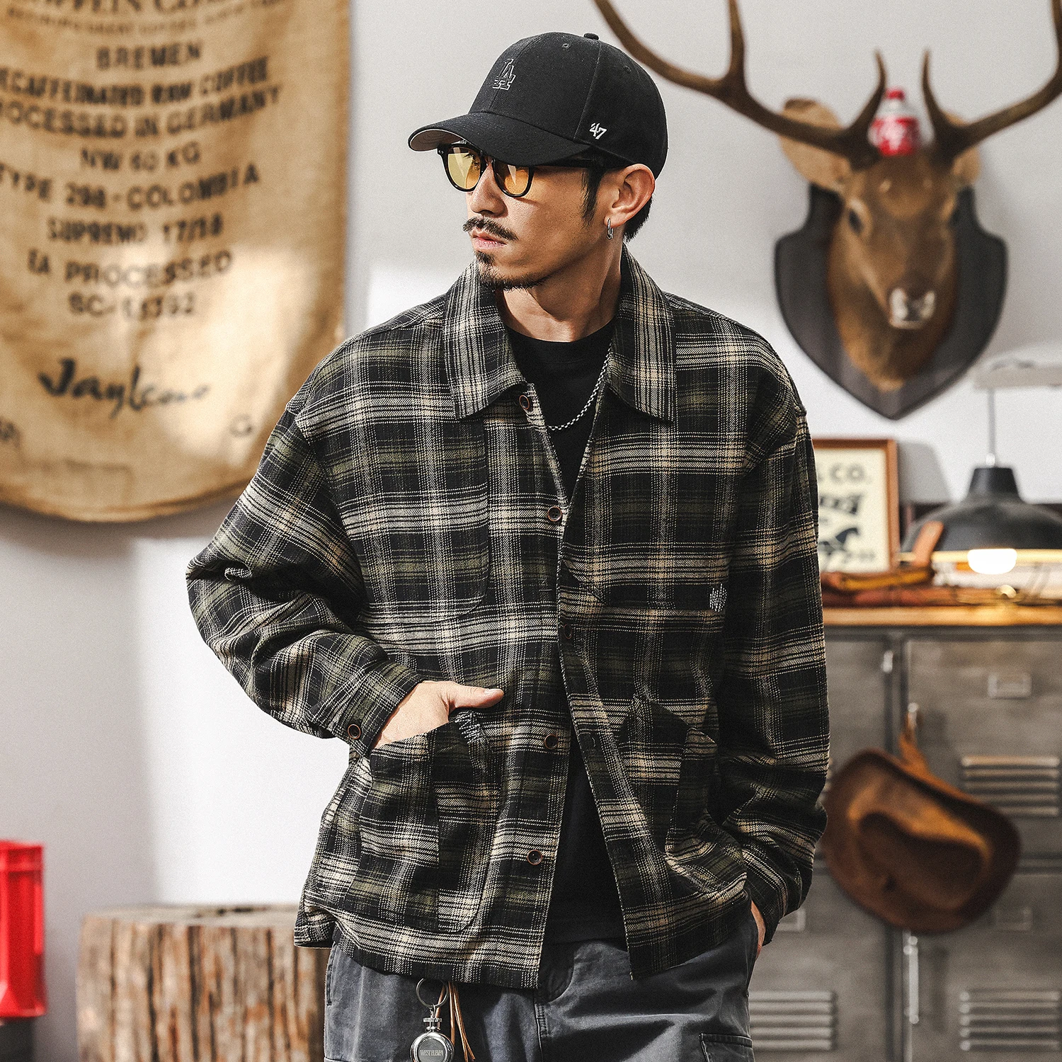 Spring and Autumn's new fashionable retro checked shirt men's long-sleeved trendy brand Japanese-style loose casual shirt jacket