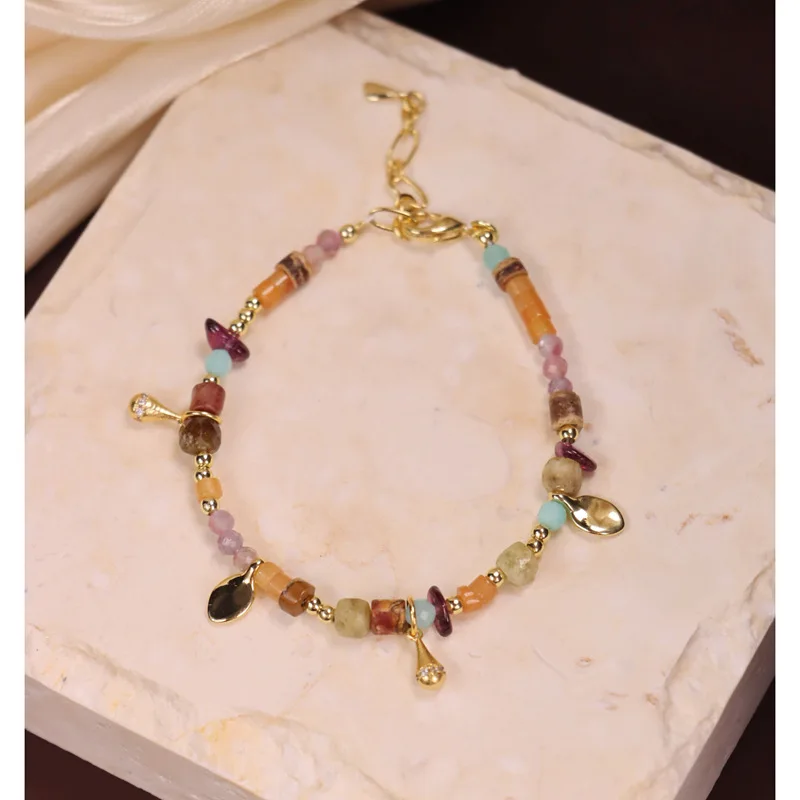 Trendy Niche Irregular Natural Stone Beaded Rainbow Gravel Bracelet Ethnic Style Bracelet Light Luxury High-end Bracelet Women