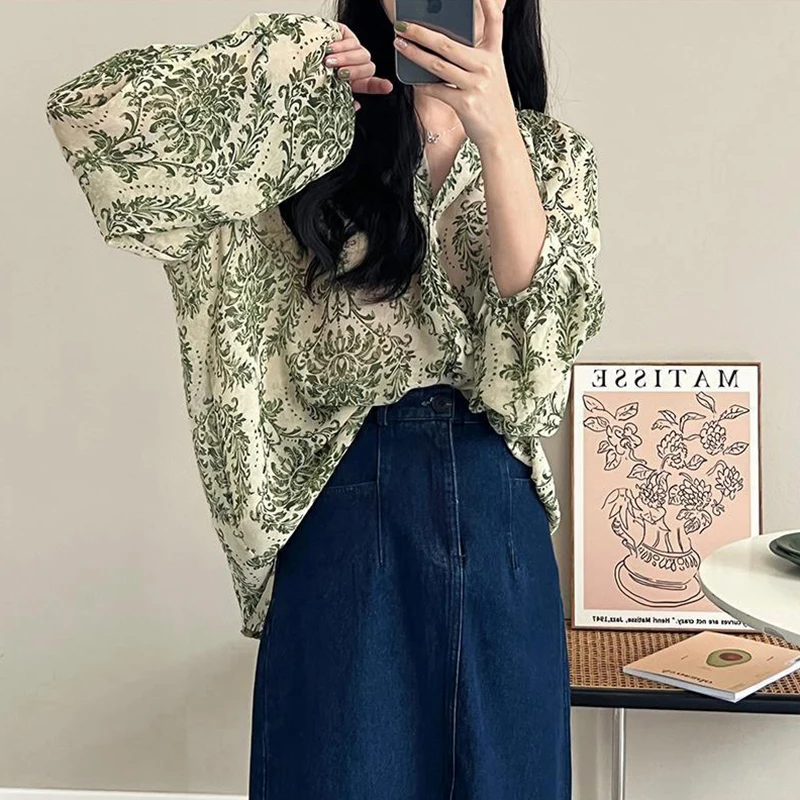 MEXZT Vintage Floral Blouses Women Print Lantern Sleeve Chiffon Shirts Summer Korean Harajuku Elegant Lady Casual Sunscreen Tops