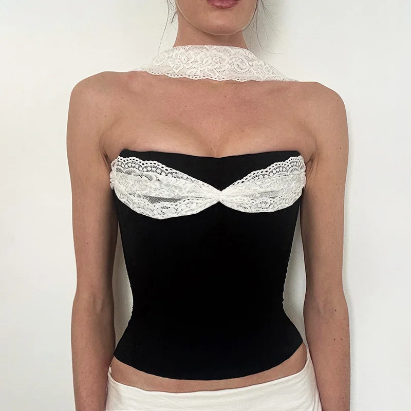 

Ticketsx Lace Patchwork Top Fashion Strapless Contrast Backless Sleeveless Slim Top Elegant Street Party Clubwear Women Clothing