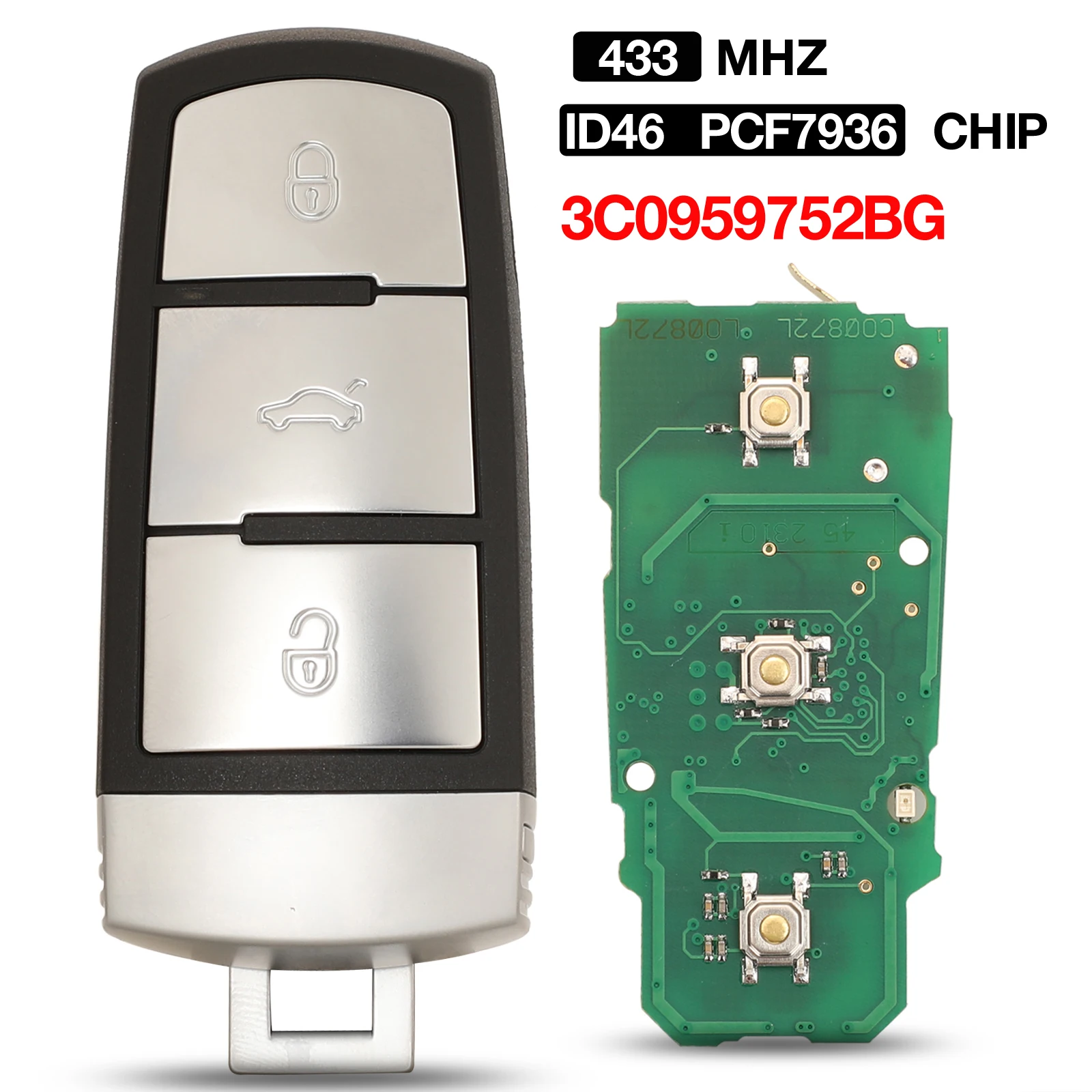 

jingyuqin 3C0959752BG 433MHZ ID46 PCF7936 Chip Keyless go 3 BTN Smart Remote Car Key Fob For VW Volkswagen Passat CC 2006-2014