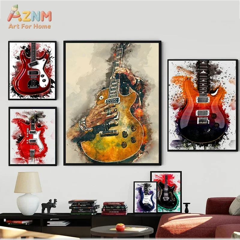 AZNM Watercolor Electric Guitar Canvas Wall Art Rock Music Instrument Colorful Splash Print Unframed Canvas Painting For Bar Mus