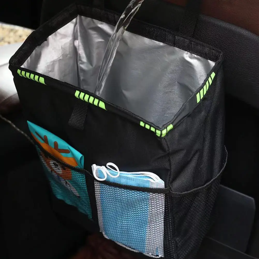 Cubo de basura para coche, práctico soporte para pañuelos, Organizador a prueba de fugas, bolsa de almacenamiento, cubo de basura para asiento trasero de coche con hebilla de liberación ajustable