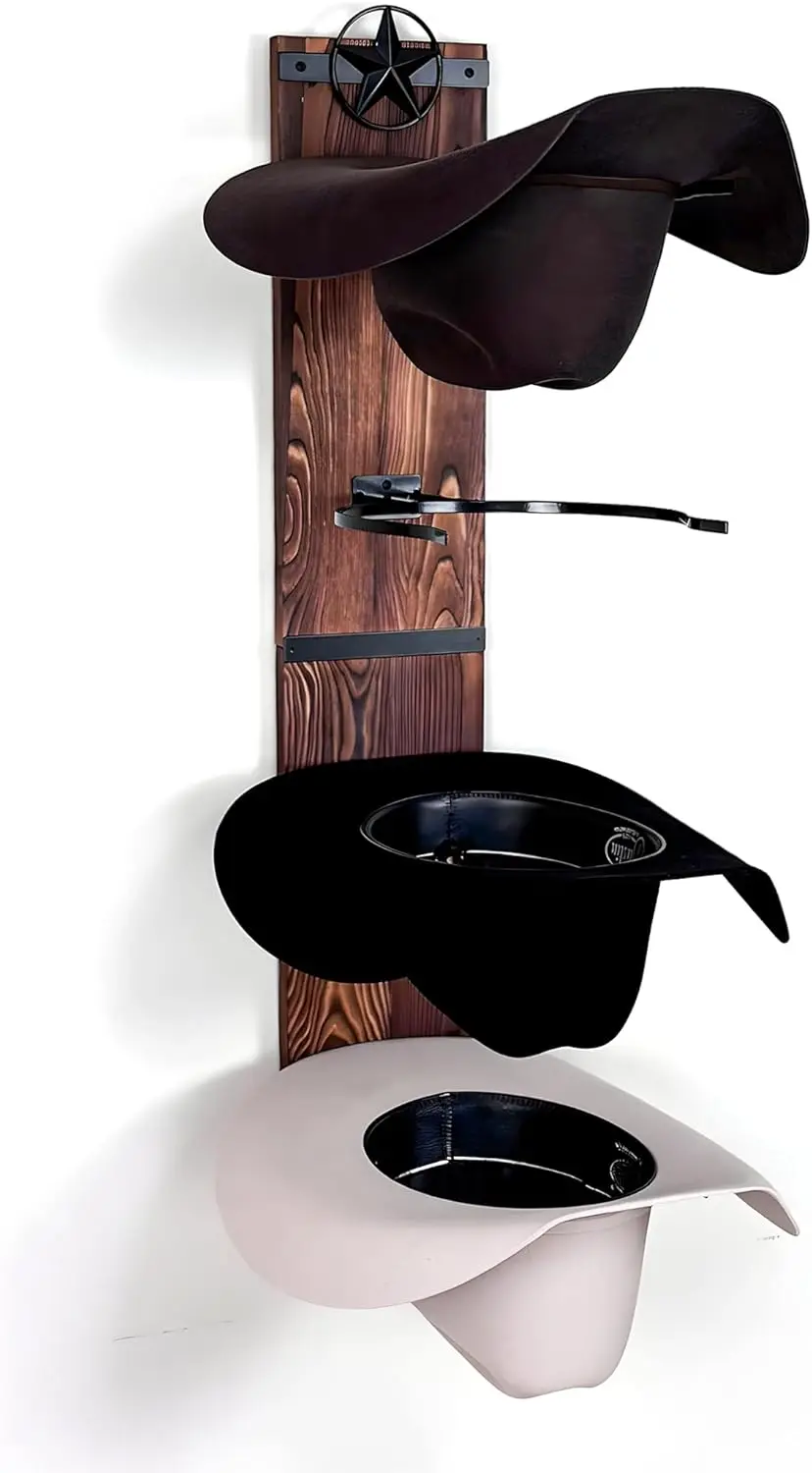 

Cowboy Hat Rack for Wall - Rustic Wood and Metal Holder with Magnetic Star Design, Holds 4 Hats