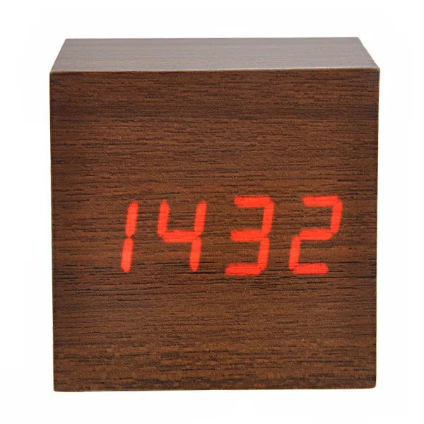 

Mini Cube Alarm Clock Red Led Digital Voice Activated Brown Imitation Wood Plastic Shell Temperature Date Time Display Celsius