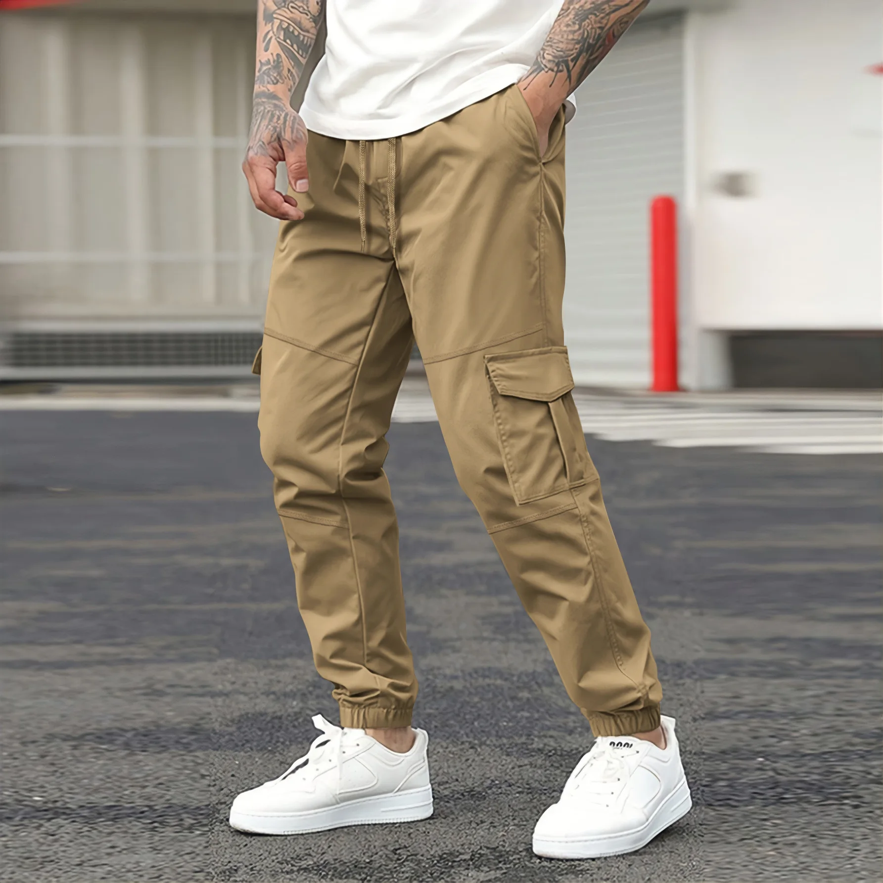 New cargo pants men\'s drawstring multi-pocket pants leisure sports fashion solid color outdoor leisure sports corset pants