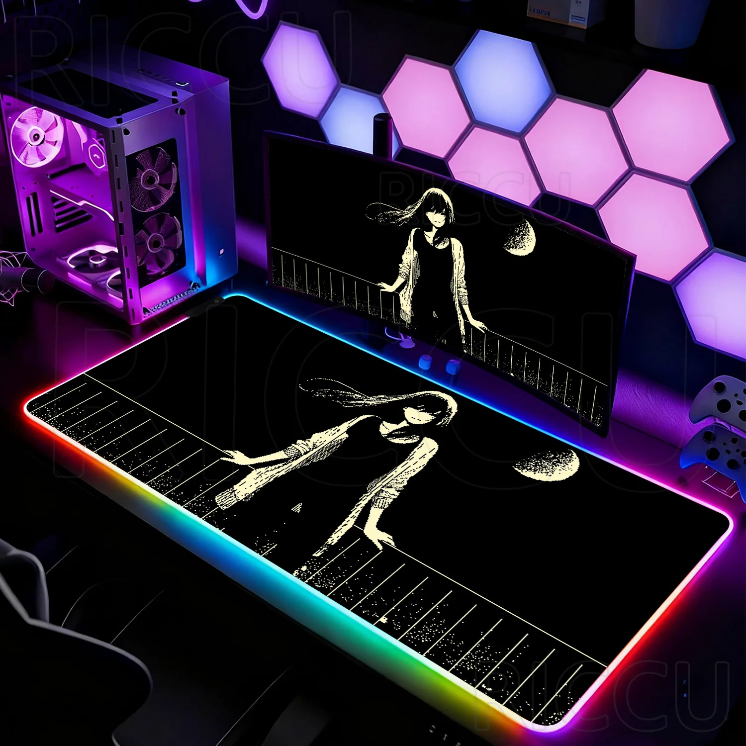 

Коврик для мыши RGB XXL HD с принтом аниме-девушки, черно-белый, с быстрым откликом, коврик для клавиатуры, аксессуары для ПК, светодиодный настольный коврик, ковер
