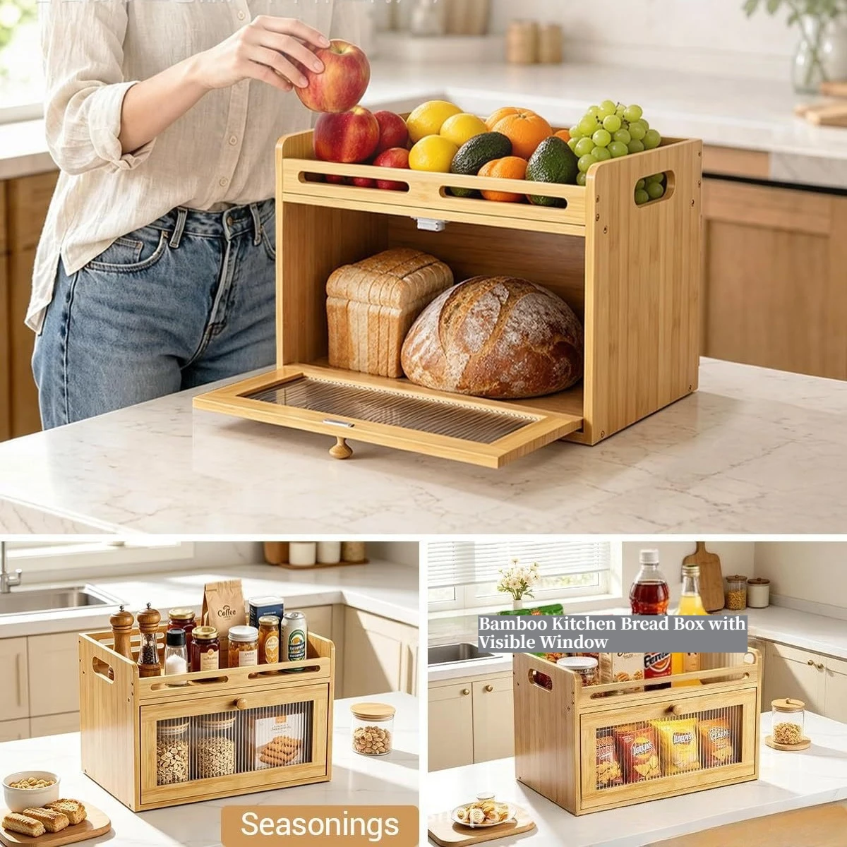 Bamboo Kitchen Bread Box with Visible Window, Food Storage Container Fruit Snack Organizer Spice Bottle Storage Rack