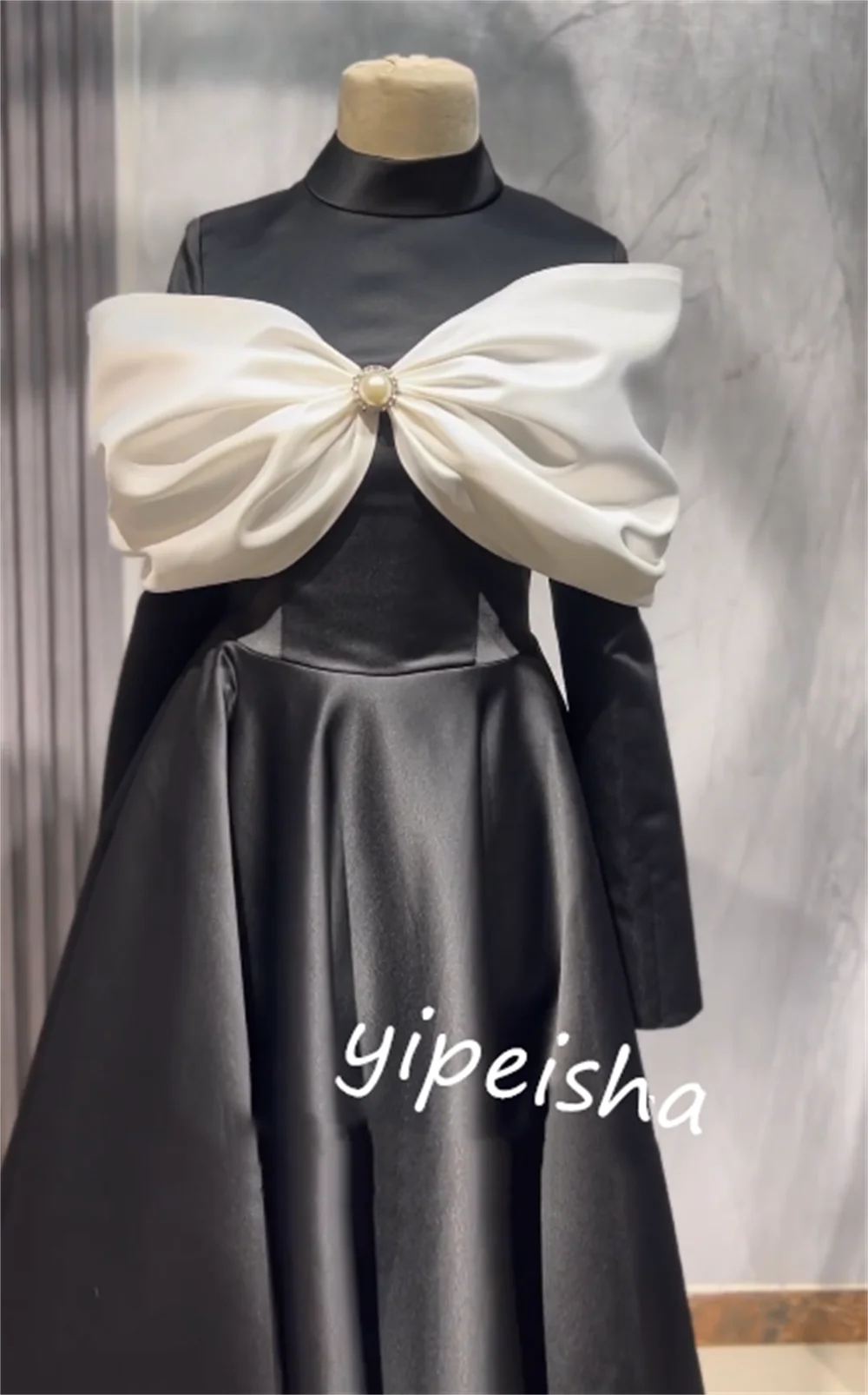 Customized Satin Bow Pearl Birthday A-line High Collar Bespoke Occasion Gown Long Dresses