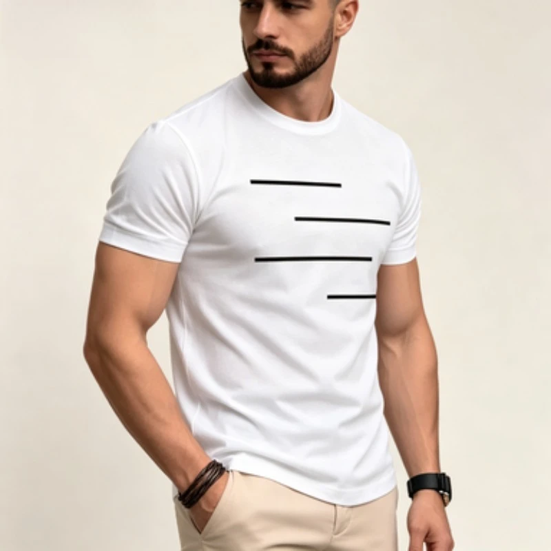 Men Modal  T-Shirt Minimal Horizontal Line Print Short Sleeve Crewneck Casual Tee Black White