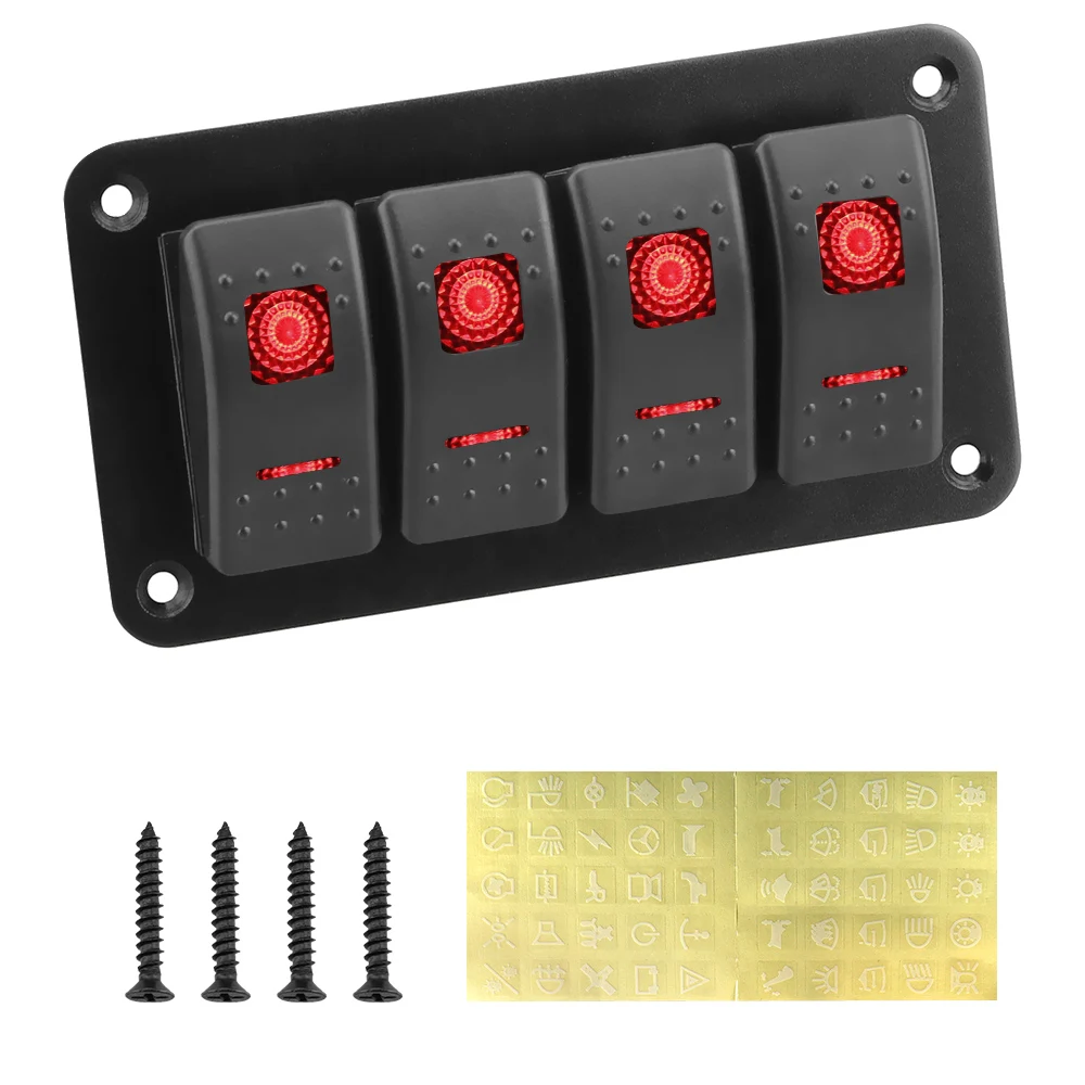 4 Gang Car Switch Panel Control Switch Panel Interior Parts for Car Marine RV Caravan LED Light Boat Car Rocker Switch