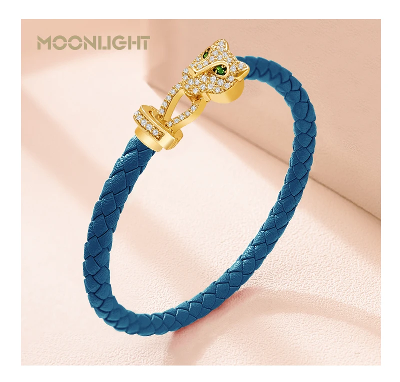 MOONLIGHT Classic Design Exquisite Cheetah Zircon Bracelet for Women Braided Leather Bracelet Quality Banquet Couples Gift