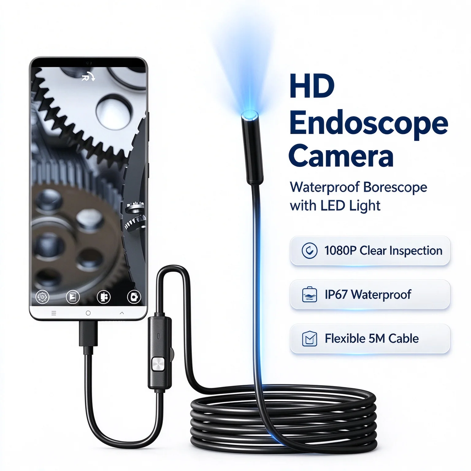 7mm Waterproof Lighted Endoscope for iPhone Android Car Repair Drainage Pipe Inspection Visible Probe for Sewer Detection