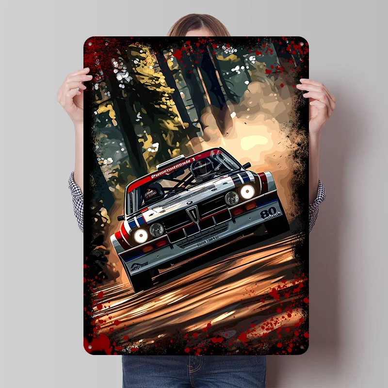Rallye-Rennen im Wald Auto Metallposter Individualisierte Wandkunst Retro Vintage Metallschilder zur Raumdekoration Schlafzimmerdekoration