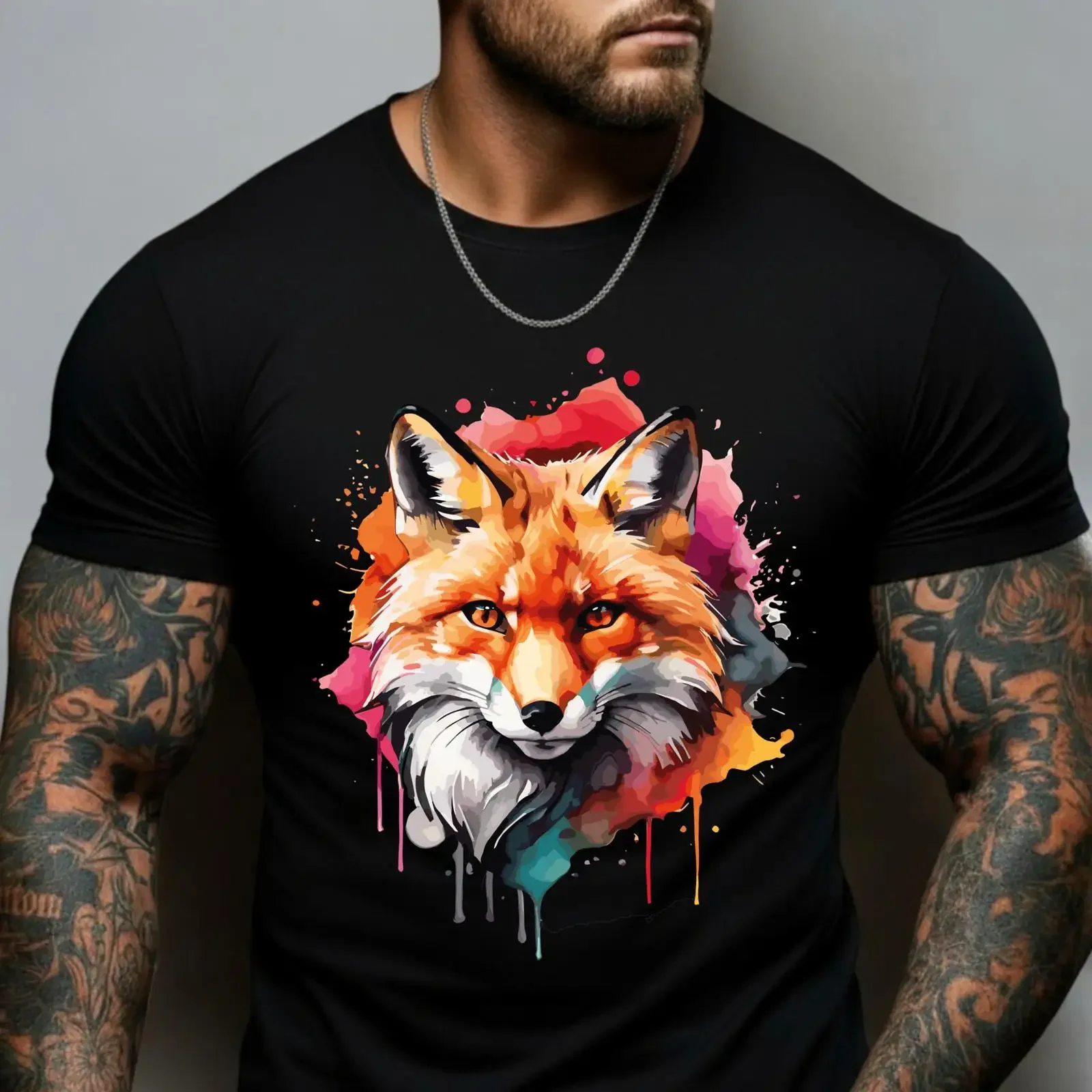 Herren-T-Shirt mit buntem Aquarell-Fuchs-Motiv, lebendige abstrakte Wildtierkunst, lässig, für Naturliebhaber, Vintage, gewaschen, bequem