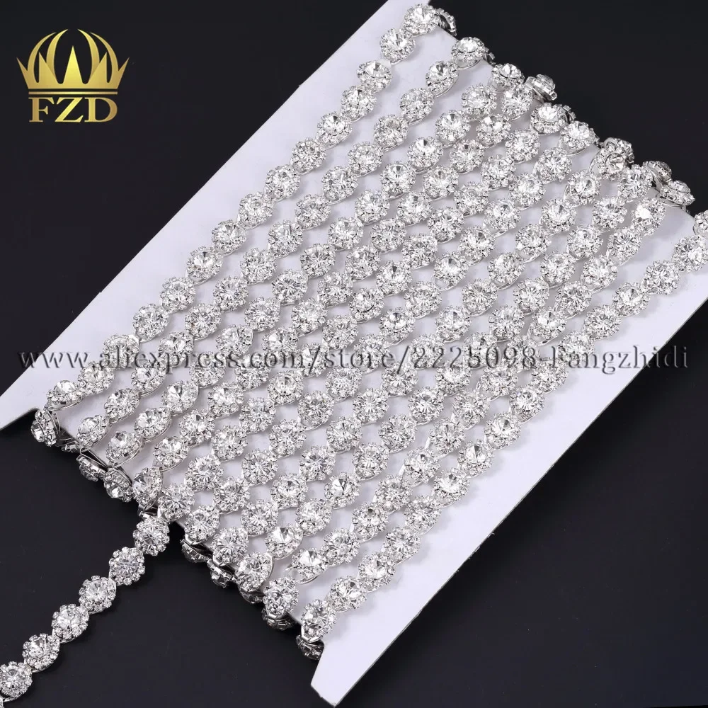 FZD Wholesale 30 Yards 11mm Strass Cup Chain  Sliver Rhinestone Applique Designs for Bridal Wristband Belts for DIY Decoration