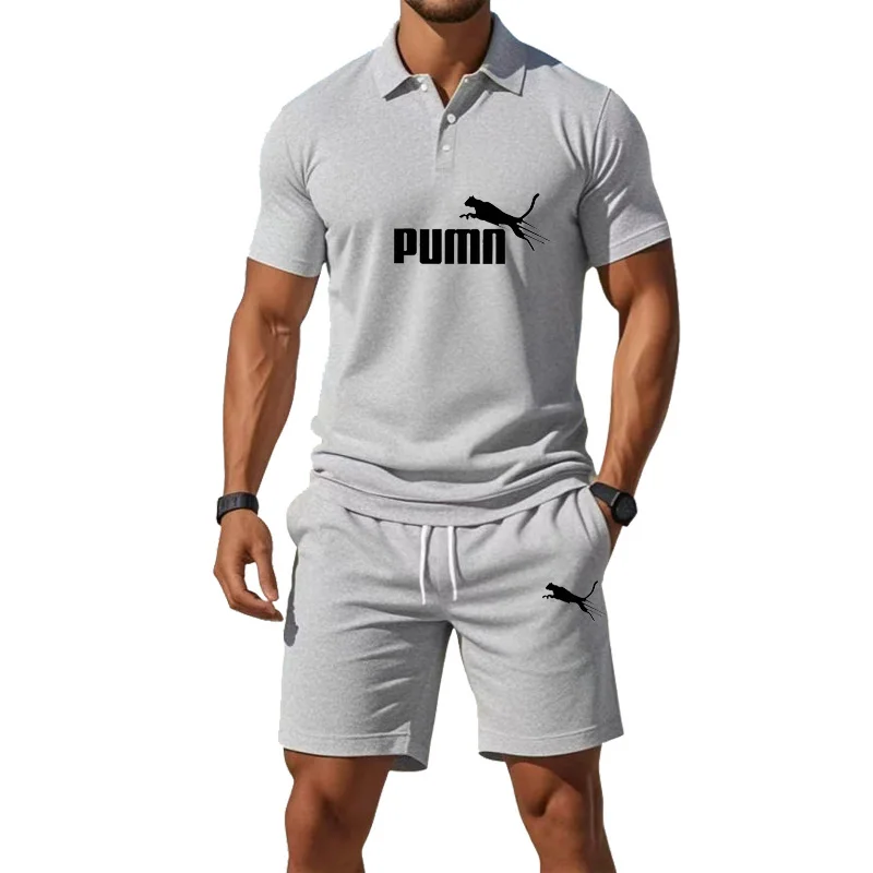 

2026 Summer Men's Sports Set New Fashionable Polo Shirt Casual Basketball Short Sleeve Round Neck T-shirt+Shorts Two Piece Set