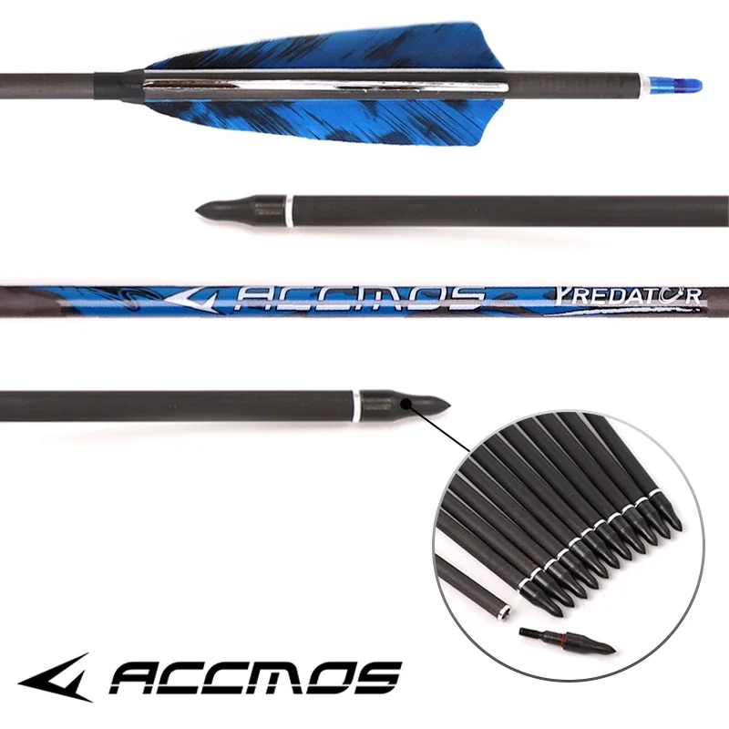 

ACCMOS Archery Pure Carbon Complete arrow 32inch ID 6.2MM Spine 250-800 4inch Feather for Recurve/Compound Bow Hunting Shooting