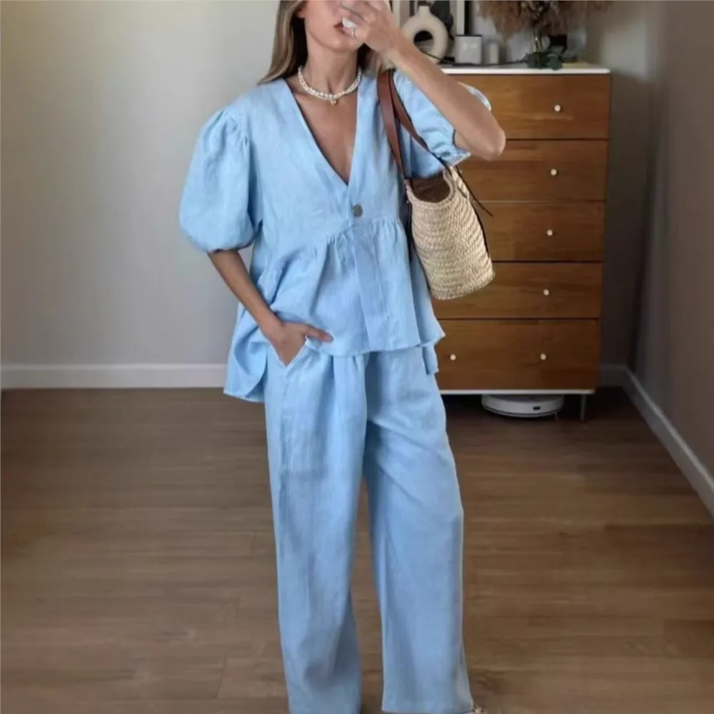 

Elegant Fashionable Trousers Suit Summer Solid Color V-neck Puff Short-sleeved Short T-shirt Top Wide-leg Trousers Two-piece Set